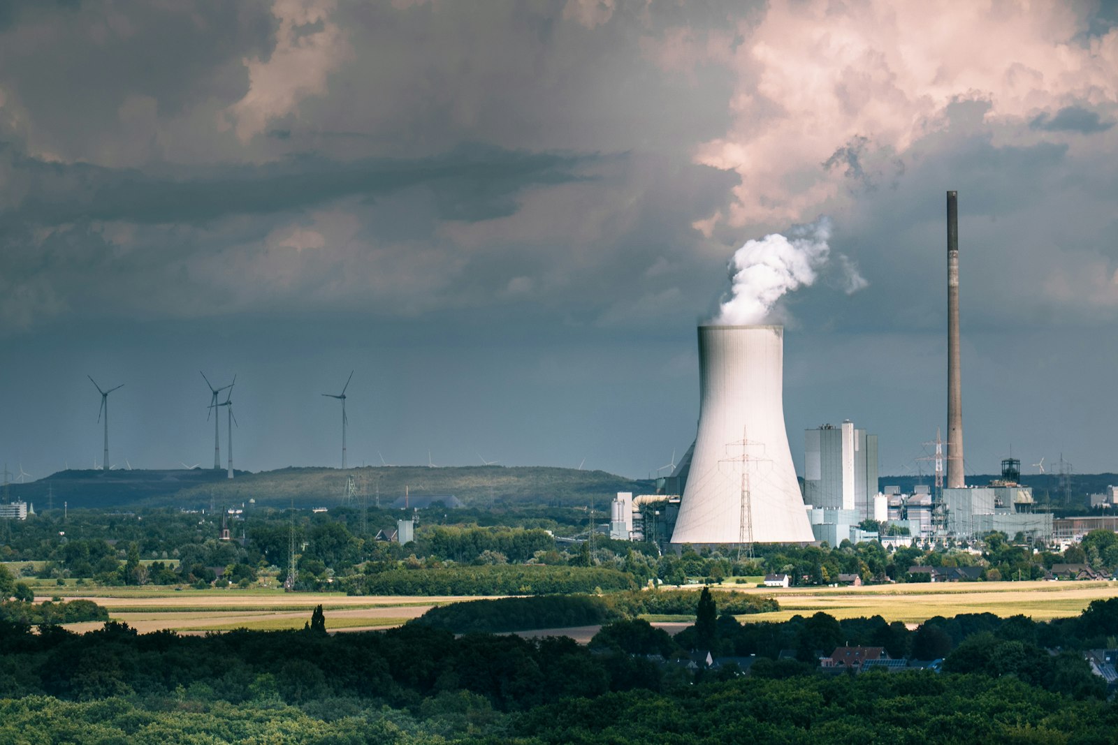 Industrial cooling tower emitting steam