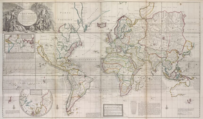 Antique world map showing continents, representative image