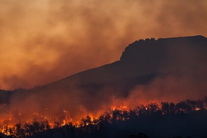 Wildfire burning across a European hillside at dusk