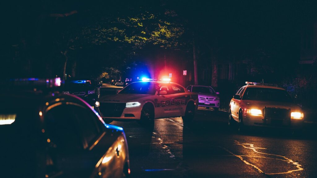 Police cars with flashing lights on a dark road, representative image