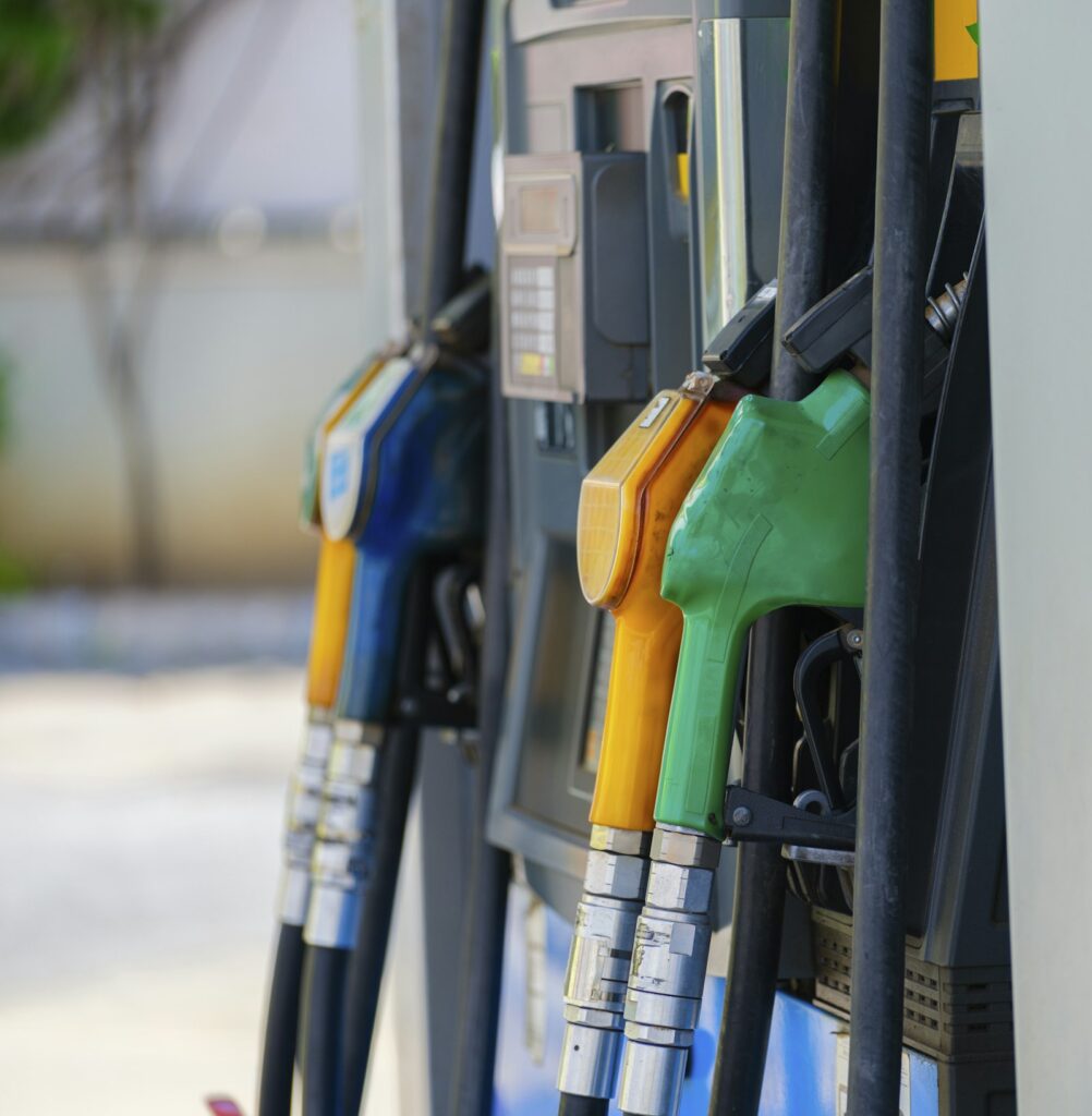 Row of fuel pumps at a filling station, representative image