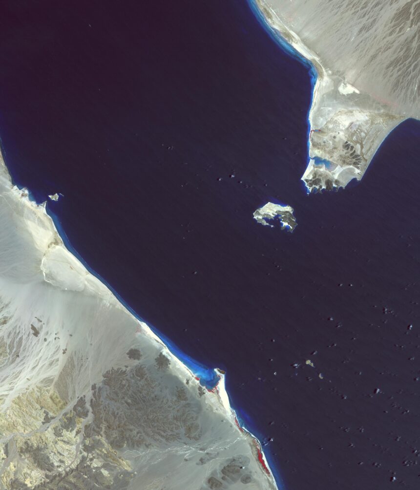 Satellite view of the Bab el-Mandeb Strait separating Yemen from the Horn of Africa