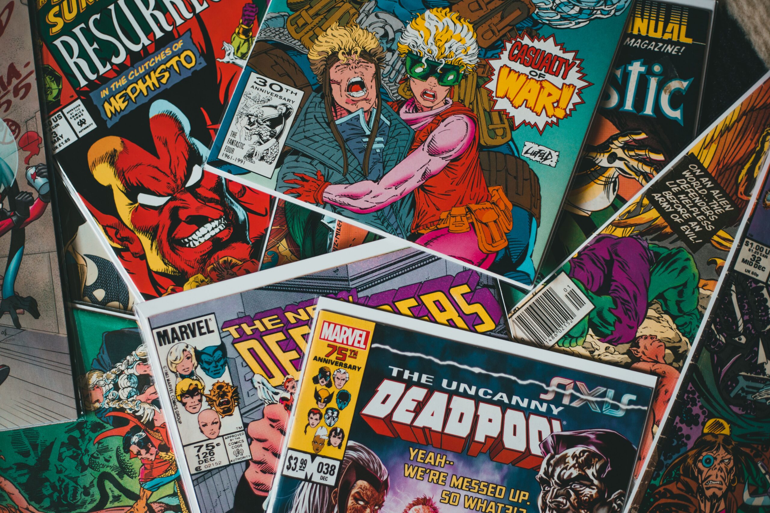 Assortment of colorful comic book covers on display