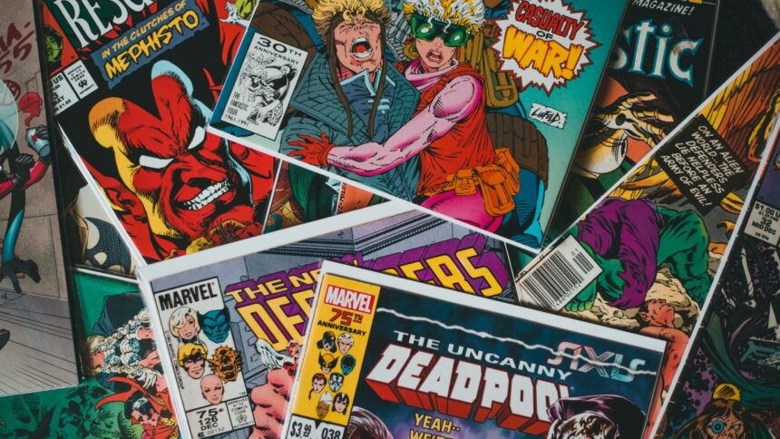 Colorful stack of comic books representing the superhero genre
