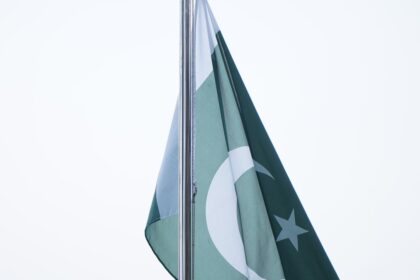 Pakistani national flag flying against a green backdrop, illustrative image