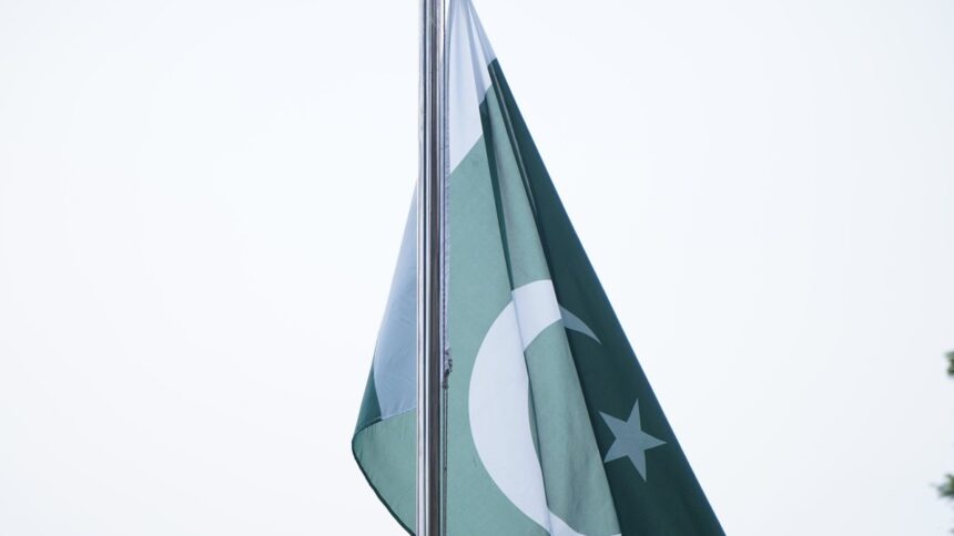 Pakistani national flag flying against a green backdrop, illustrative image