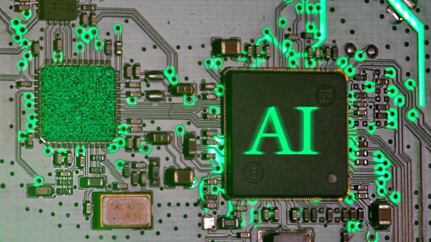 Glowing AI chip on a circuit board, symbolizing the technology race at the heart of the Trump-Xi summit