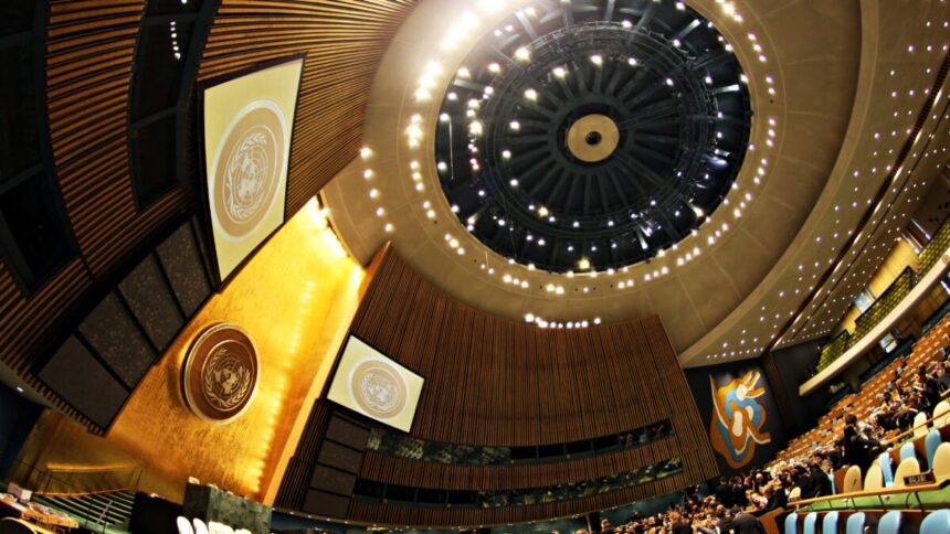 The United Nations General Assembly hall at UN headquarters in New York
